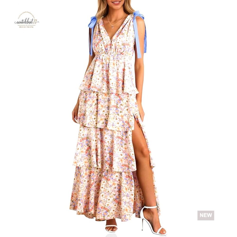 Sleeveless Maxi Dress with V-Neck High Slit Tiered Boho Beach
